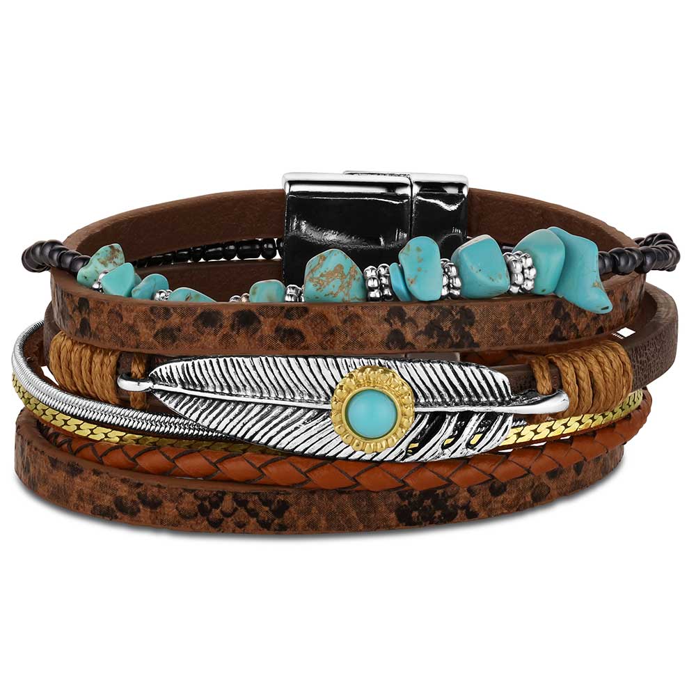 A layered leather bracelet featuring a silver feather charm with a turquoise stone center.