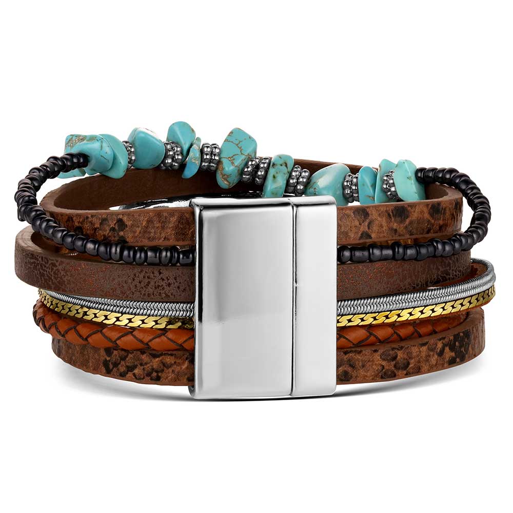 A multi-layered boho bracelet featuring turquoise stones, black beads, and brown leather straps.