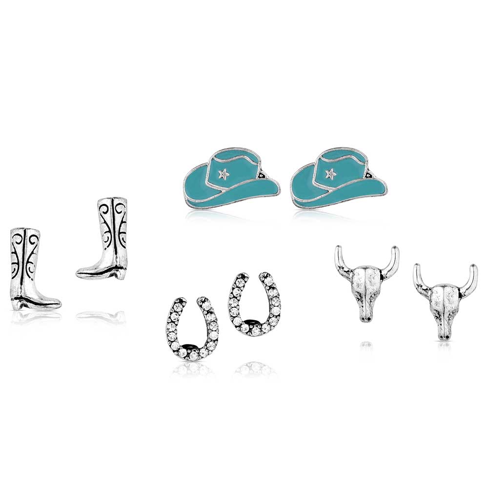 A set of four pairs of western-themed post earrings featuring cowgirl boots, turquoise hats, horseshoes, and bull skulls.