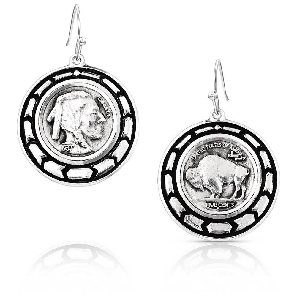 Montana Silversmiths earrings featuring Buffalo nickel designs with a silver chevron border.
