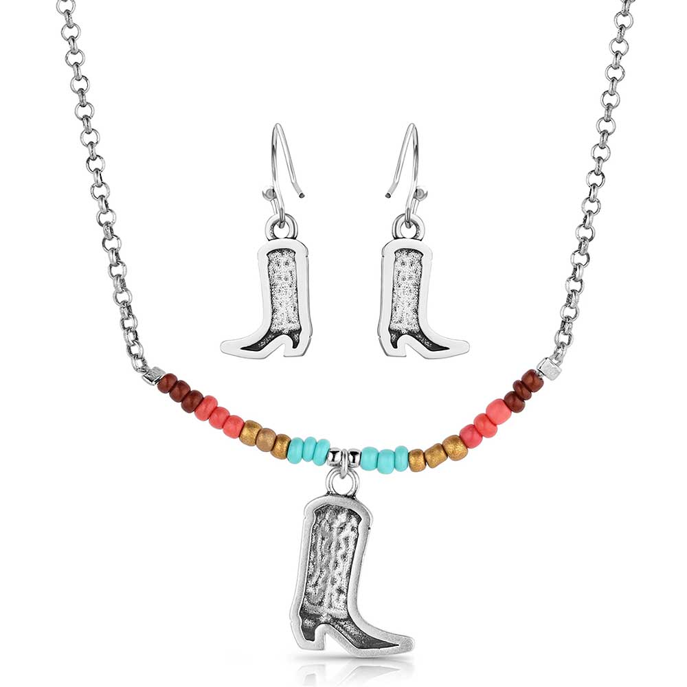 A silver cowboy boot necklace and matching earring set accented with colorful beads.