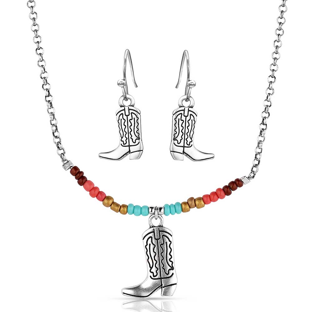 A silver cowboy boot necklace with multi-colored beads and matching boot earrings.