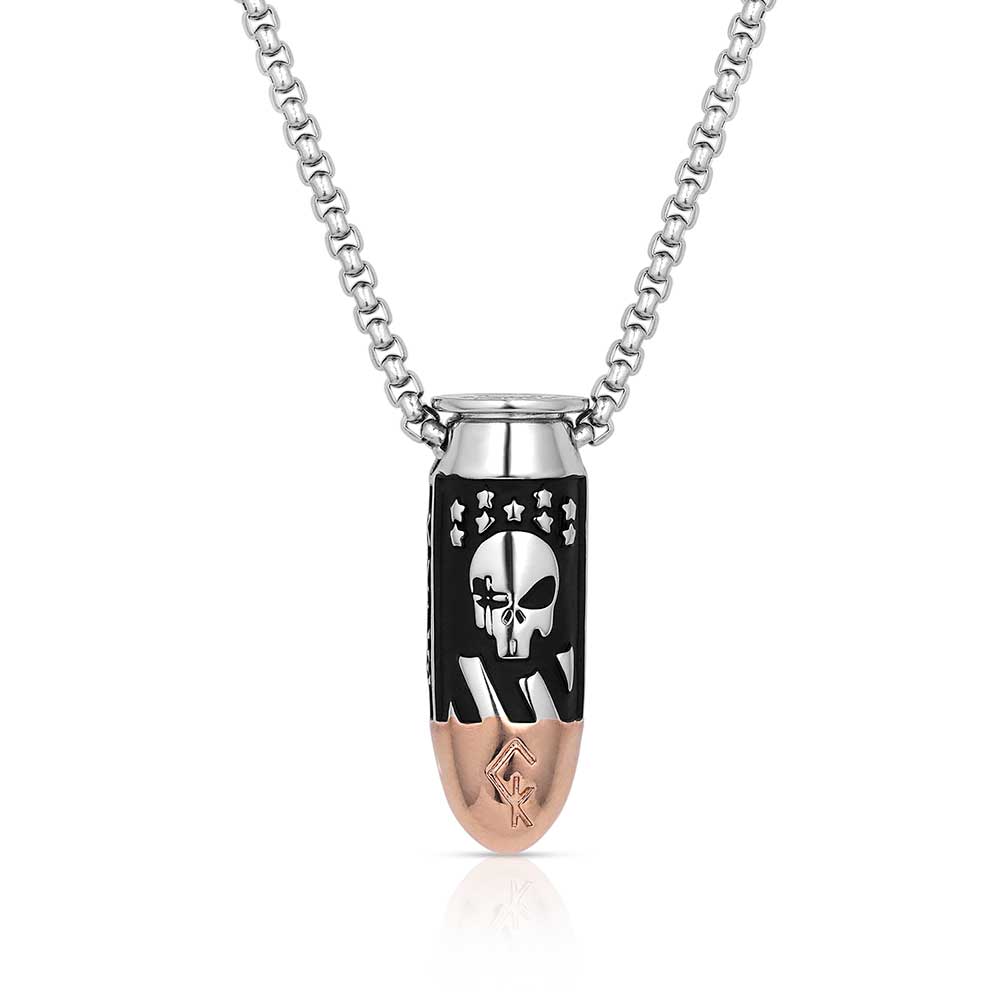 A silver bullet pendant featuring a black skull design and rose gold tip on a silver chain.