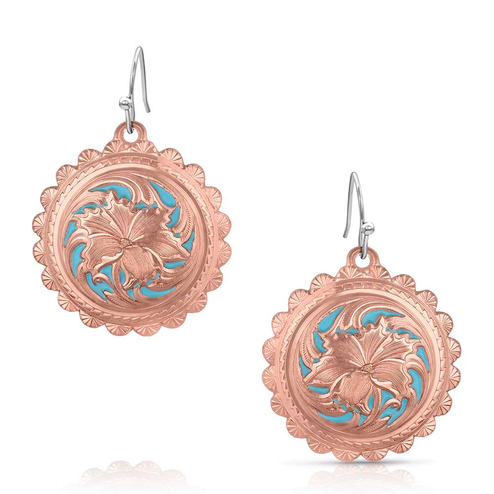 Rose gold tone circular earrings featuring a central floral design with a bright turquoise background.