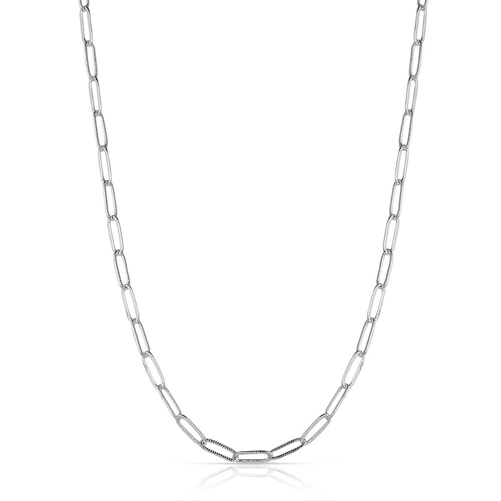 A silver paperclip chain necklace with elongated, textured links.