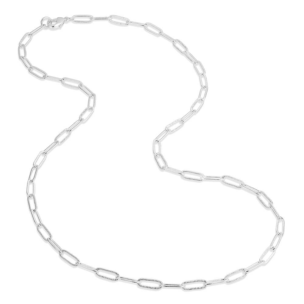 A silver paperclip chain necklace with elongated, textured links and a lobster clasp closure.