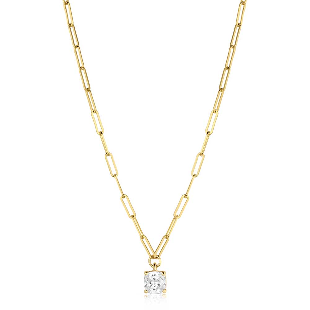 A gold tone paperclip chain necklace featuring a centered square solitaire crystal pendant.