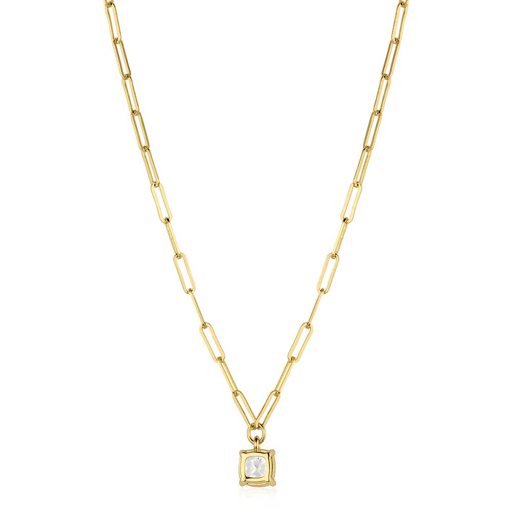 A gold-tone paperclip chain necklace featuring a single square crystal pendant.
