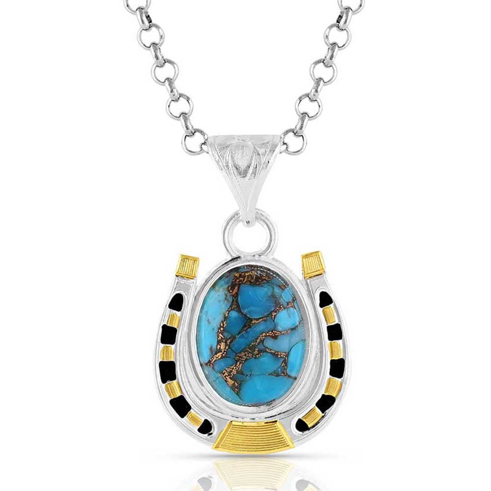 A silver horseshoe pendant with gold accents and a central oval turquoise stone on a rolo chain.