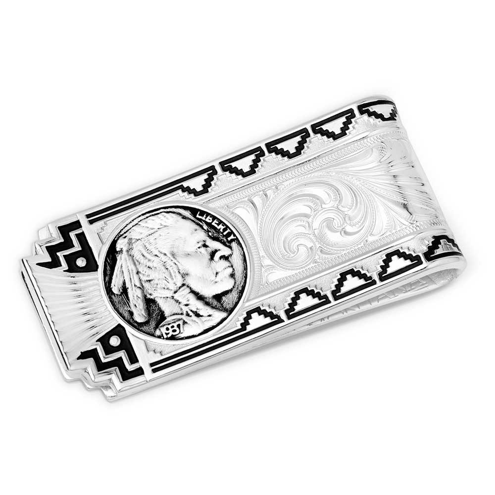 A silver money clip featuring an imitation buffalo nickel and black Southwestern geometric borders.