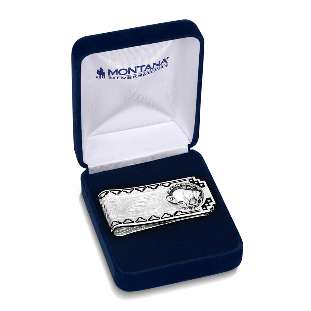 A silver money clip with a buffalo nickel design and Southwestern engraving in a blue box.
