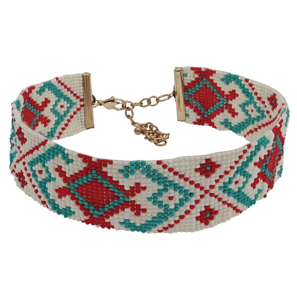 A beaded choker necklace featuring a white, red, and teal Southwestern geometric pattern.