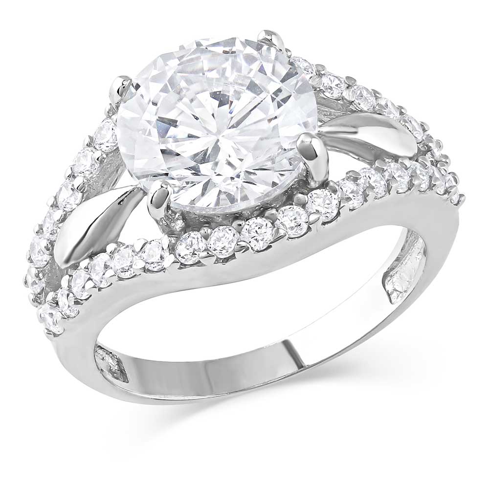 A sterling silver ring featuring a large round cubic zirconia stone flanked by two pavé bands.