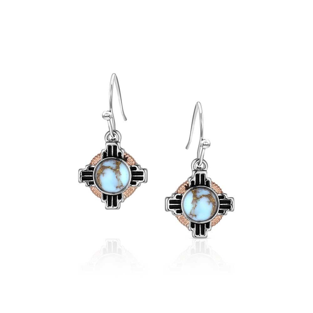 Montana Silversmiths earrings featuring a Zia symbol design with turquoise stones and copper accents.