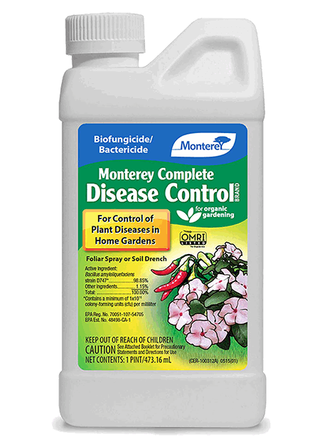 A one-pint bottle of Monterey Complete Disease Control biofungicide and bactericide.