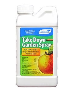 A one-pint white plastic bottle of Monterey Take Down Garden Spray with a peach on the label.