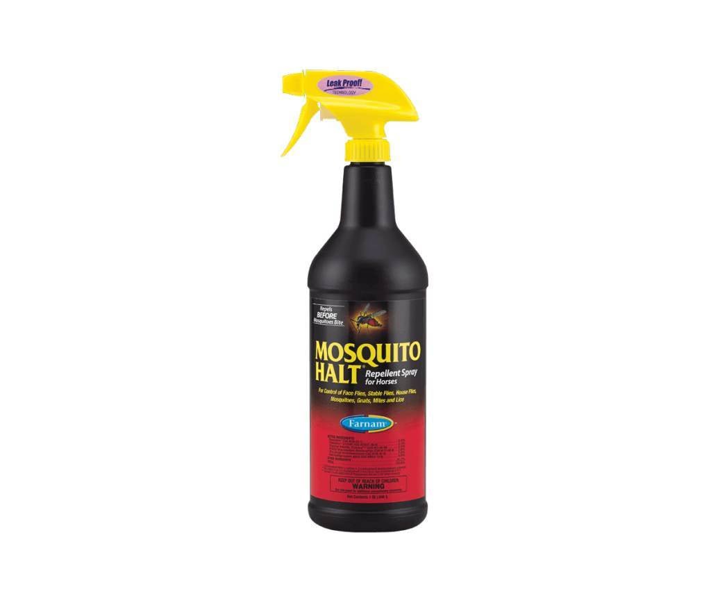 A 32-ounce bottle of Mosquito Halt repellent spray for horses with a yellow trigger sprayer.