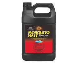 A one-gallon black plastic jug of Mosquito Halt repellent spray for horses.