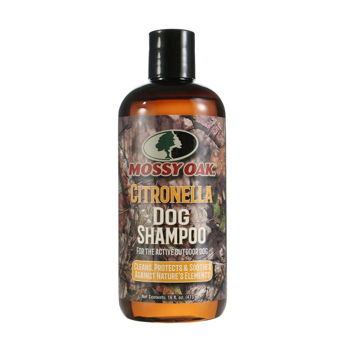 A 16-ounce bottle of Mossy Oak Citronella dog shampoo with a camouflage label.