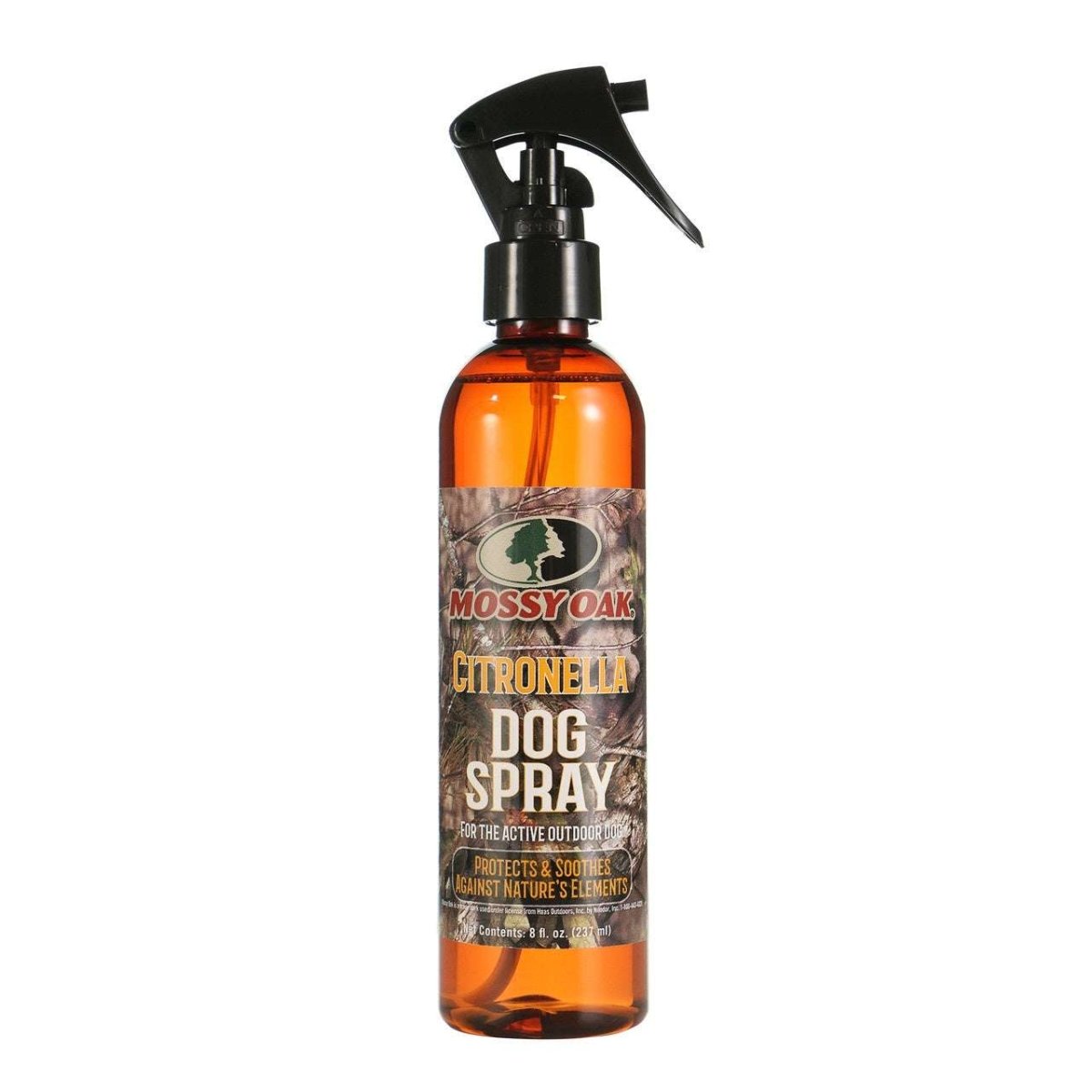 An eight-ounce bottle of Mossy Oak citronella dog spray with a black trigger sprayer.