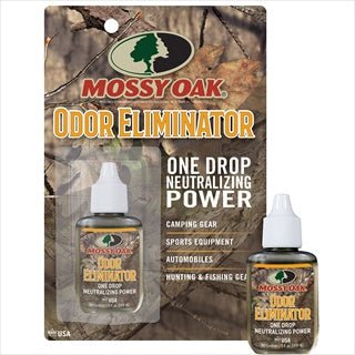 A bottle of Mossy Oak Odor Eliminator with one drop neutralizing power in its retail packaging.