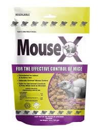 A resealable bag of MouseX rodent control pellets featuring a picture of a mouse.