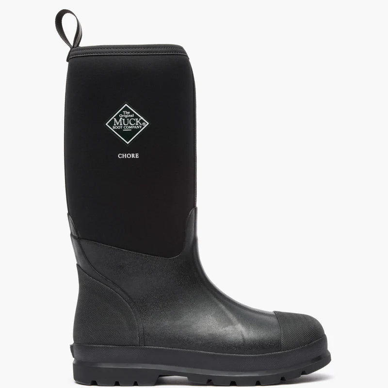 A black Muck Chore waterproof work boot with a rubber lower and a flexible neoprene upper.