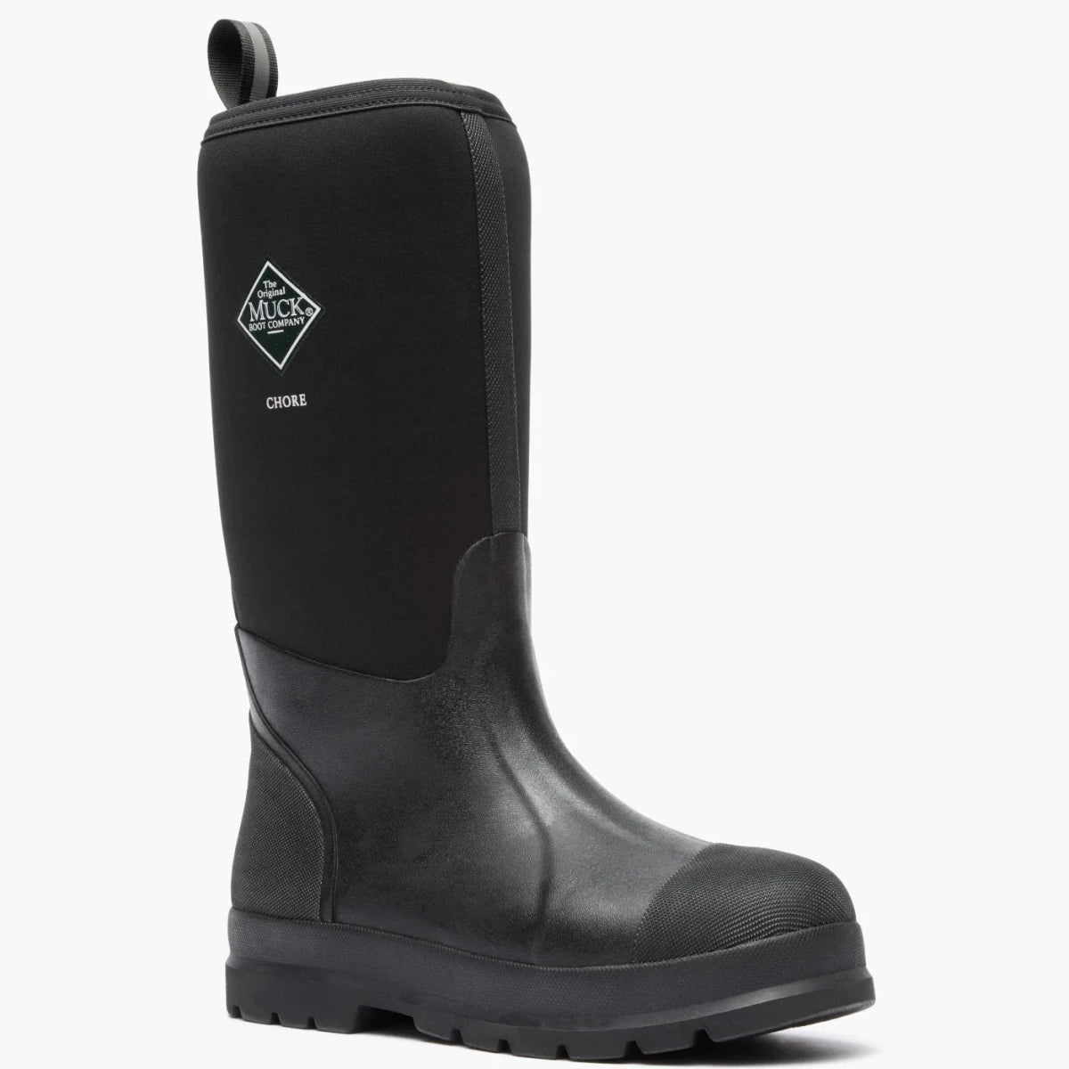 A black Muck Chore tall rubber work boot with a reinforced toe and a flexible neoprene upper.