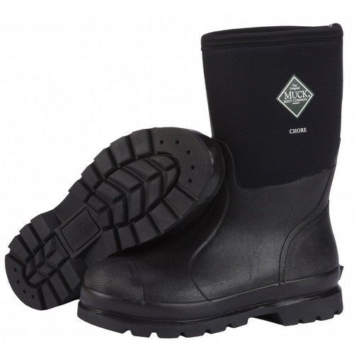 A pair of black Muck Chore boots with a rubber lower and neoprene upper shown from the side.