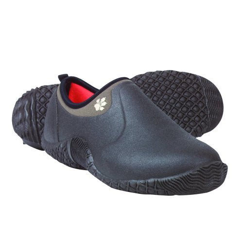 A pair of black waterproof slip-on shoes with a paw print logo and red interior lining.