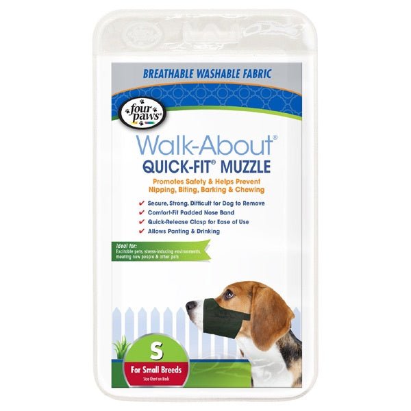 A small size Four Paws Quick-Fit dog muzzle shown in packaging with a beagle wearing the product.