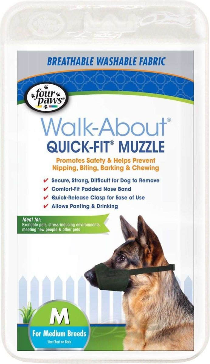 A medium-sized black nylon dog muzzle in its retail packaging featuring a German Shepherd.