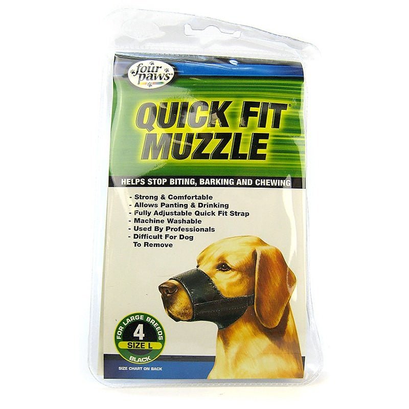 A black size 4 Four Paws Quick Fit muzzle for large dog breeds in its retail packaging.