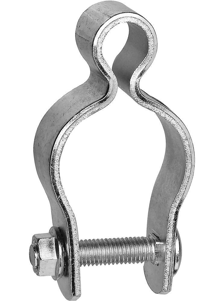 A 2-inch zinc-plated steel pipe gate hinge with a bolt and nut fastener.