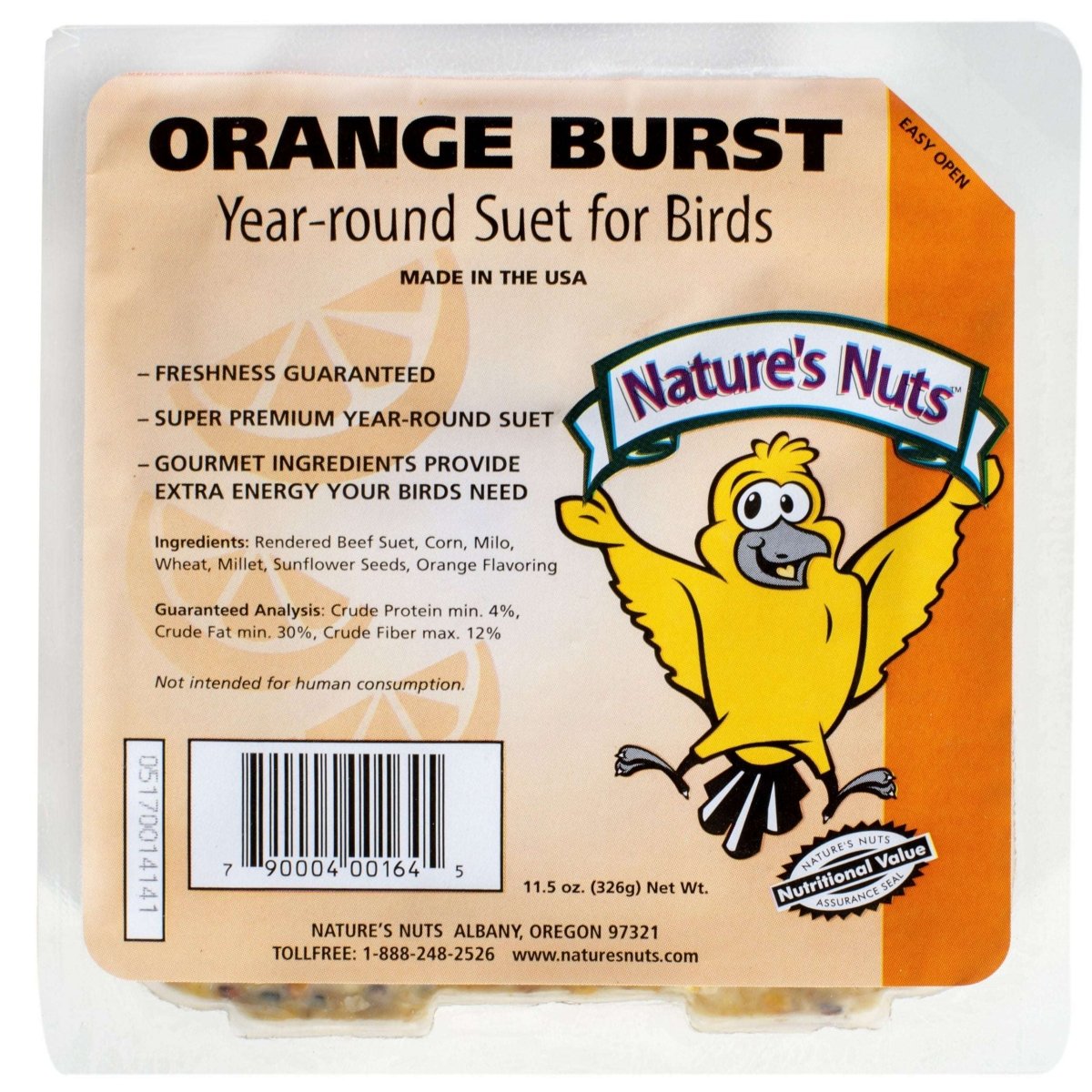 A package of Nature's Nuts Orange Burst suet cake for birds featuring a cartoon bird mascot.