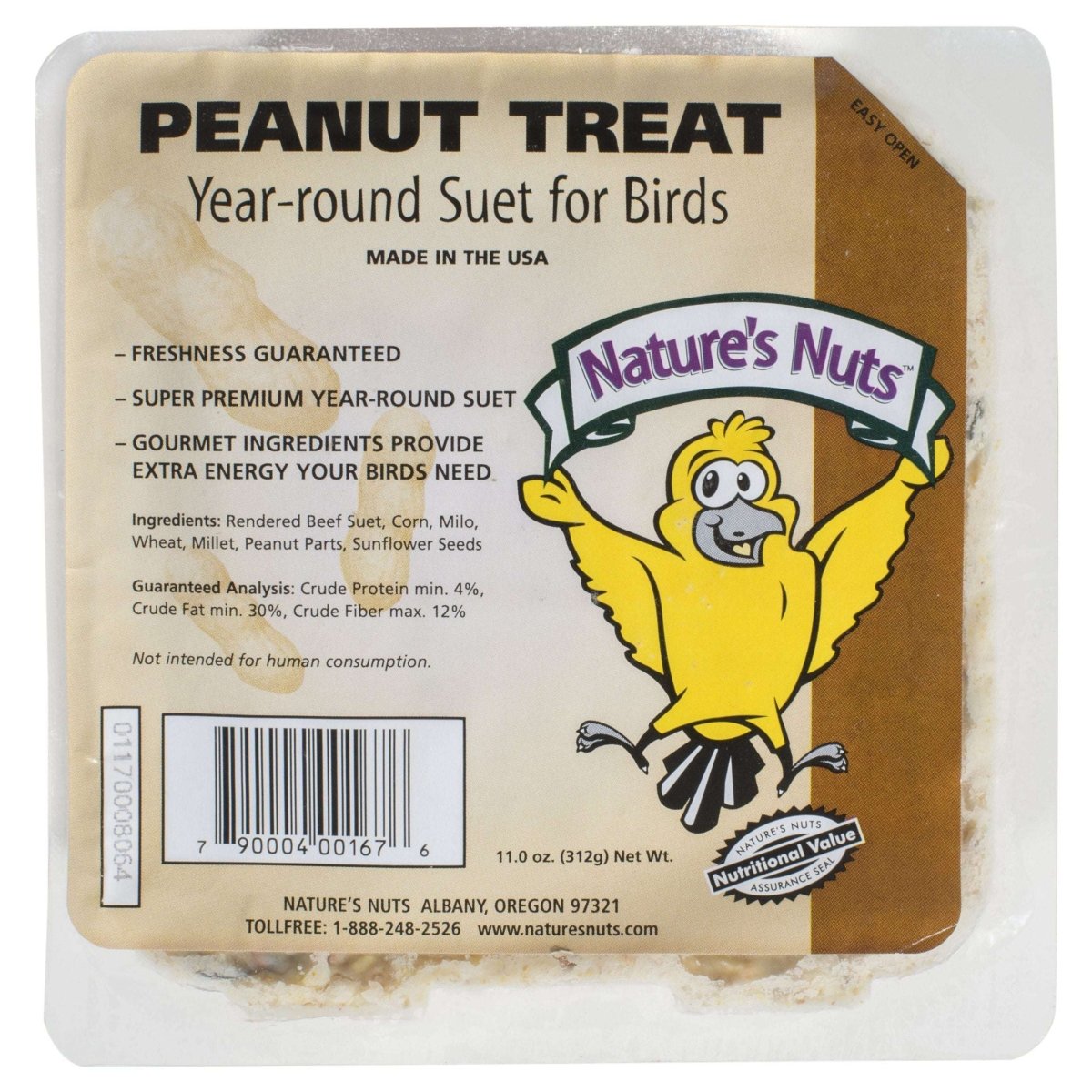A square package of Nature's Nuts peanut treat suet for birds with a cartoon bird illustration.