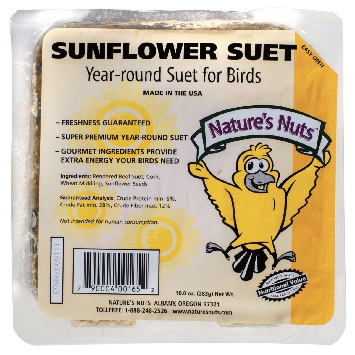 A square package of Nature's Nuts sunflower suet bird food with a cartoon bird illustration.