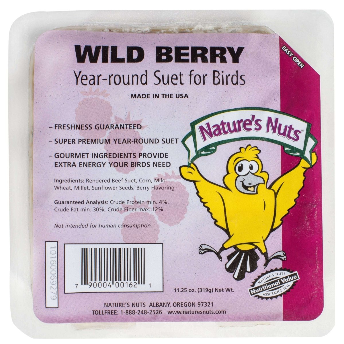 A square package of Nature's Nuts Wild Berry suet for birds with a yellow bird mascot.