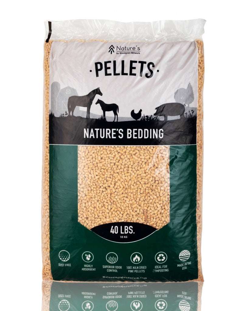 A forty-pound bag of Nature's Pine Bedding Pellets featuring animal silhouettes on the label.