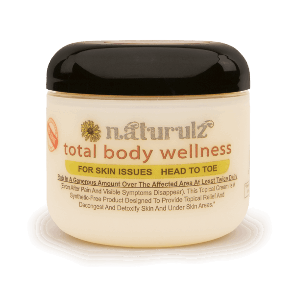 A four-ounce jar of Naturulz Total Body Wellness cream with a black lid.