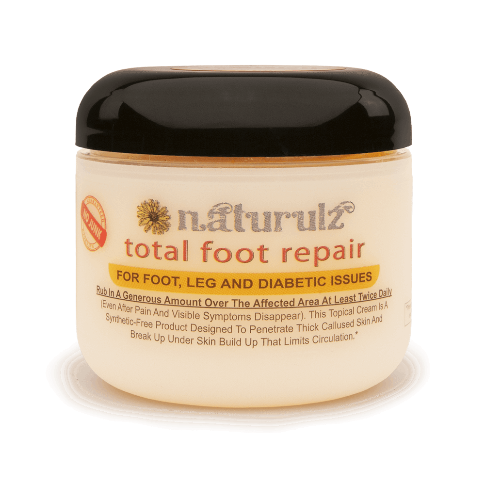 A 4 oz jar of Naturulz Total Foot Repair cream with a black lid and white label.