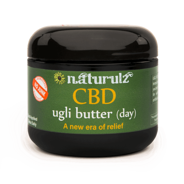 A black jar of Naturulz Ugli-Butter CBD day cream with a green label.