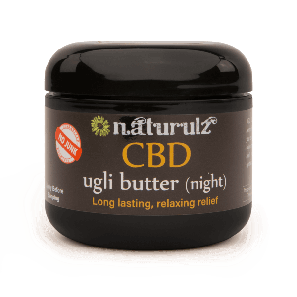 A black jar of Naturulz Ugli Butter CBD night cream with a label featuring a yellow flower icon.