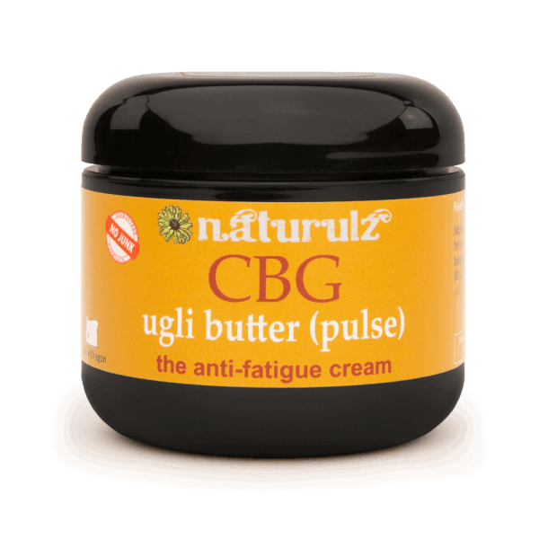 A black jar of Naturulz Ugli-Butter CBG Pulse cream with an orange label.