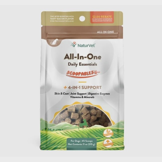 A bag of NaturVet All-In-One daily essential supplement bites for dogs.