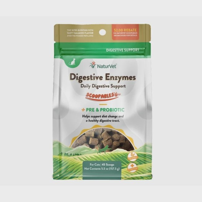 A bag of NaturVet Digestive Enzymes for cats featuring salmon-flavored bites.