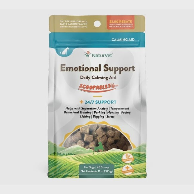 A bag of NaturVet Emotional Support calming aid for dogs with a window showing the small chews.