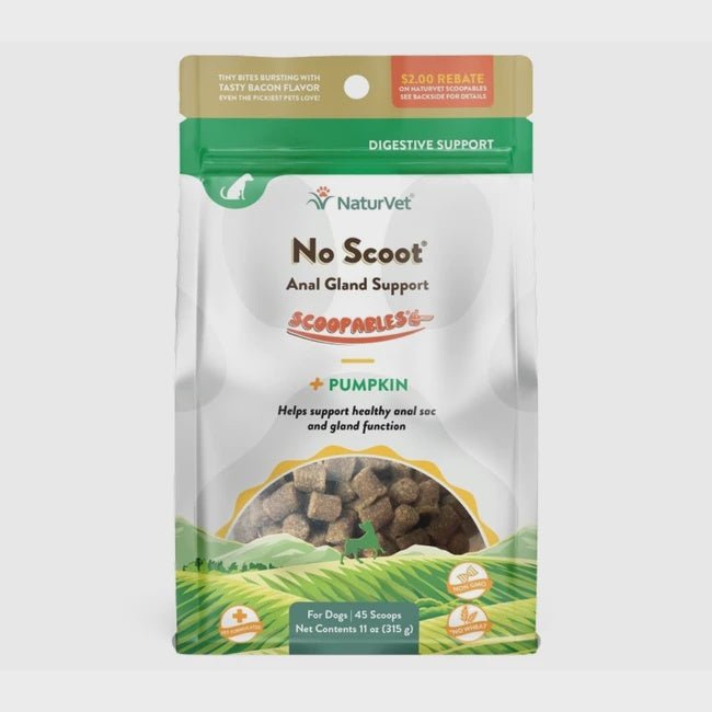 A bag of NaturVet No Scoot anal gland support supplement chews for dogs.