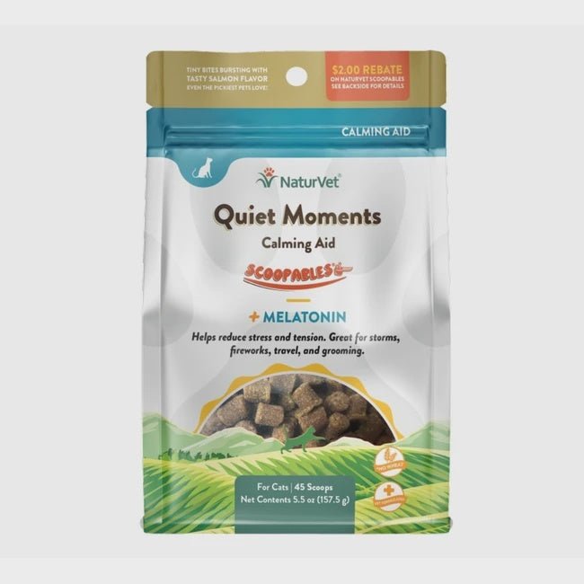 A bag of NaturVet Quiet Moments calming aid for cats with salmon flavored chews.