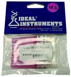 A five-pack of 18 gauge by 1.5 inch veterinary needles with pink plastic hubs in a sealed bag.